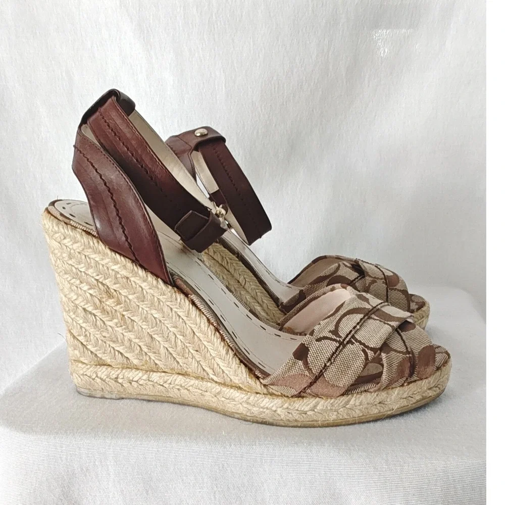 Coach Espadrille Wedge Sandals Brown Monogram Canvas Ankle Strap 2000s 39 8.5
